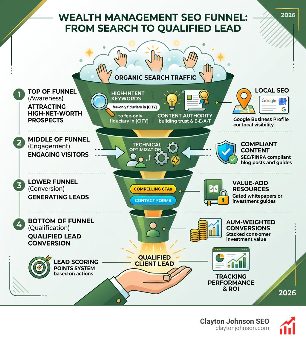 Wealth management SEO funnel from search to qualified lead conversion - SEO strategies for wealth managers infographic Wealth management SEO funnel from search to qualified lead conversion - SEO strategies for wealth managers infographic