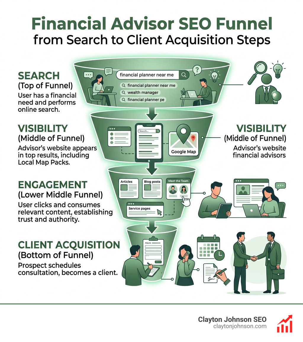 Financial advisor SEO funnel from search to client acquisition steps - seo optimization financial advisors infographic Financial advisor SEO funnel from search to client acquisition steps - seo optimization financial advisors infographic