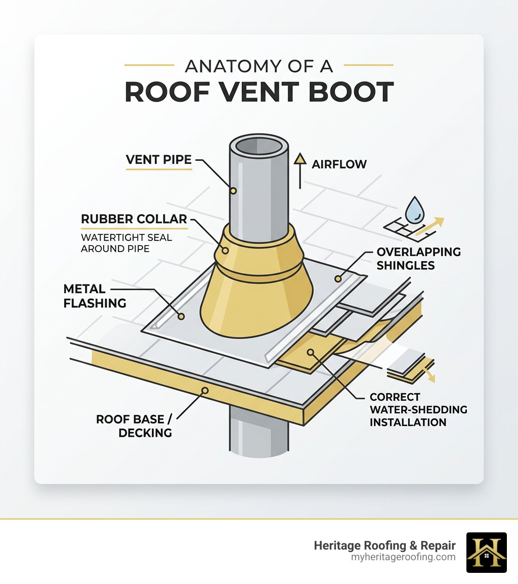 Anatomy of a roof vent boot showing base, rubber collar, pipe, and flashing layers - vent boot replacement infographic 