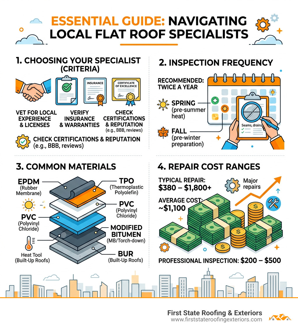 Infographic showing key criteria for choosing local flat roof specialists, inspection frequency, materials, and cost ranges Infographic showing key criteria for choosing local flat roof specialists, inspection frequency, materials, and cost ranges