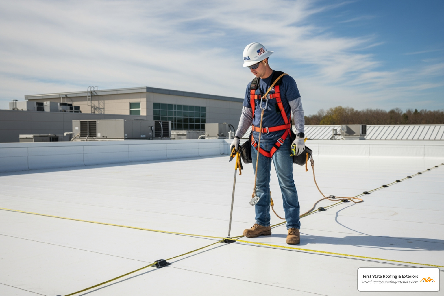 A roofer in a safety harness inspecting a clean white TPO roof membrane - local flat roof specialists A roofer in a safety harness inspecting a clean white TPO roof membrane - local flat roof specialists