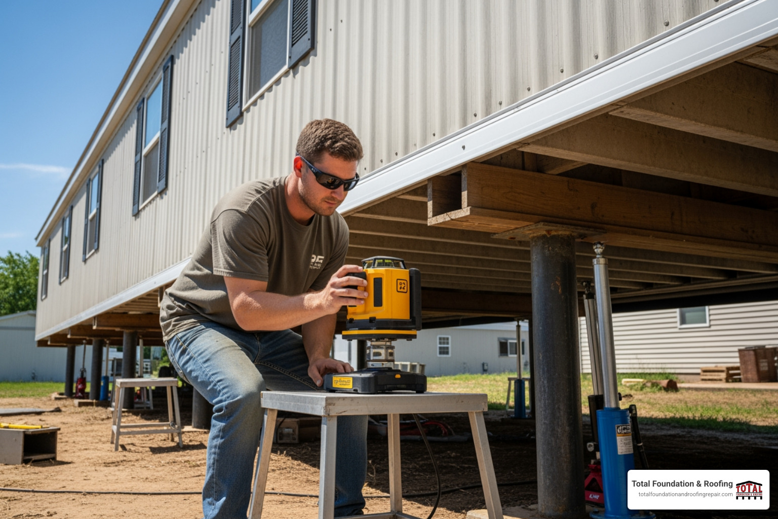 Technician using a rotating laser level under a double-wide home to ensure precision accuracy - companies that level mobile Technician using a rotating laser level under a double-wide home to ensure precision accuracy - companies that level mobile