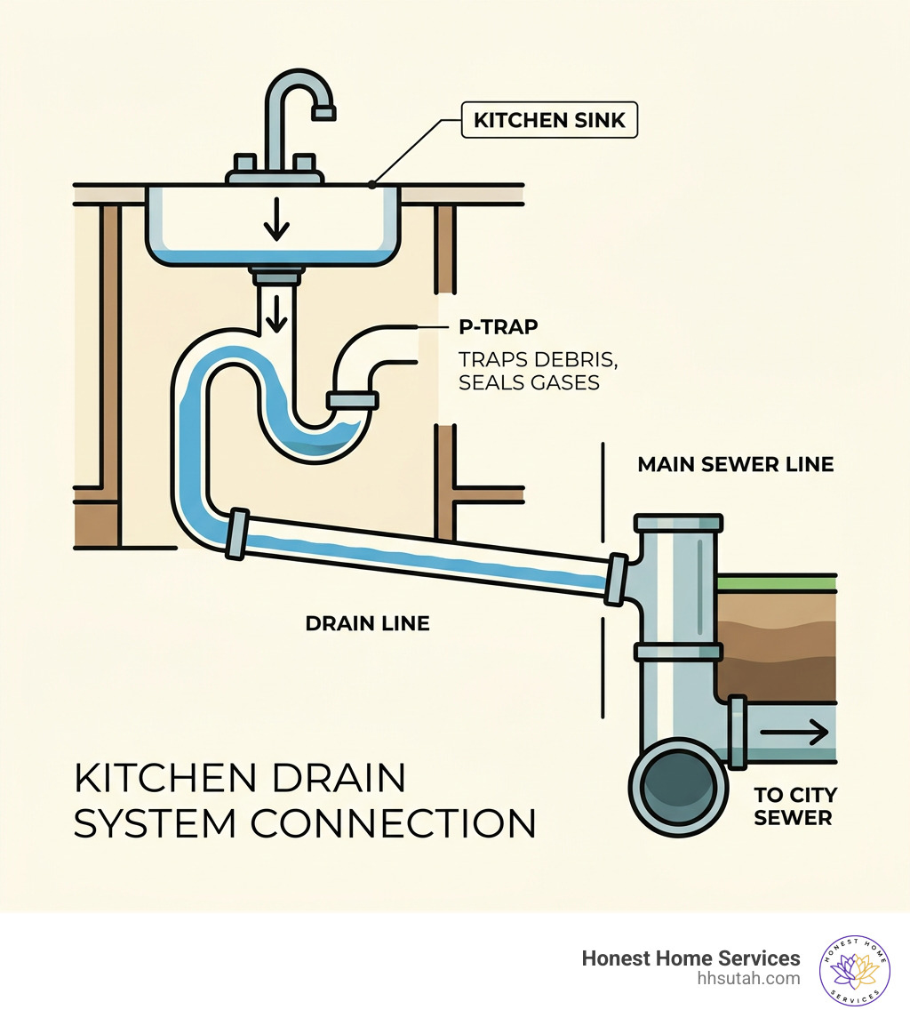 Infographic showing how kitchen sink drain connects through P-trap and drain line to main sewer line - kitchen sink clogged Infographic showing how kitchen sink drain connects through P-trap and drain line to main sewer line - kitchen sink clogged