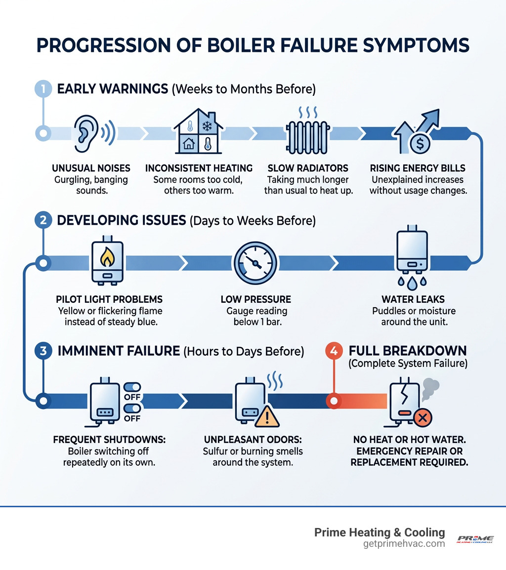 Timeline infographic showing progression of common boiler failure symptoms from early warning signs to full breakdown