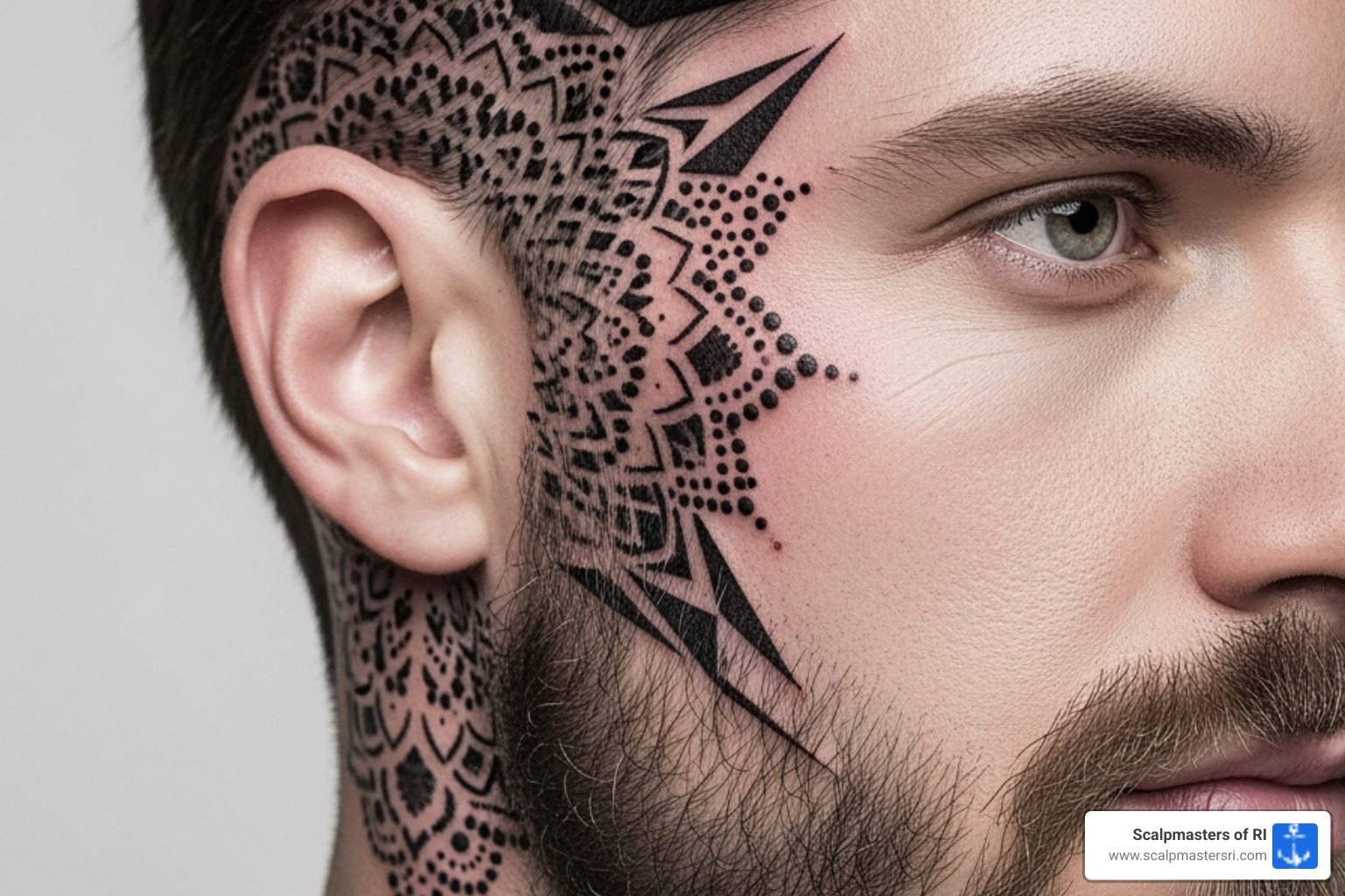 A man with a geometric sideburn tattoo featuring intricate dot-work and sharp lines - sideburn tattoo men