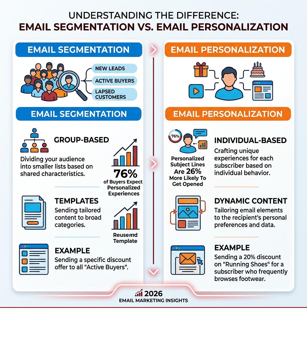 Infographic showing the difference between email segmentation and email personalization with key stats - Email marketing Infographic showing the difference between email segmentation and email personalization with key stats - Email marketing