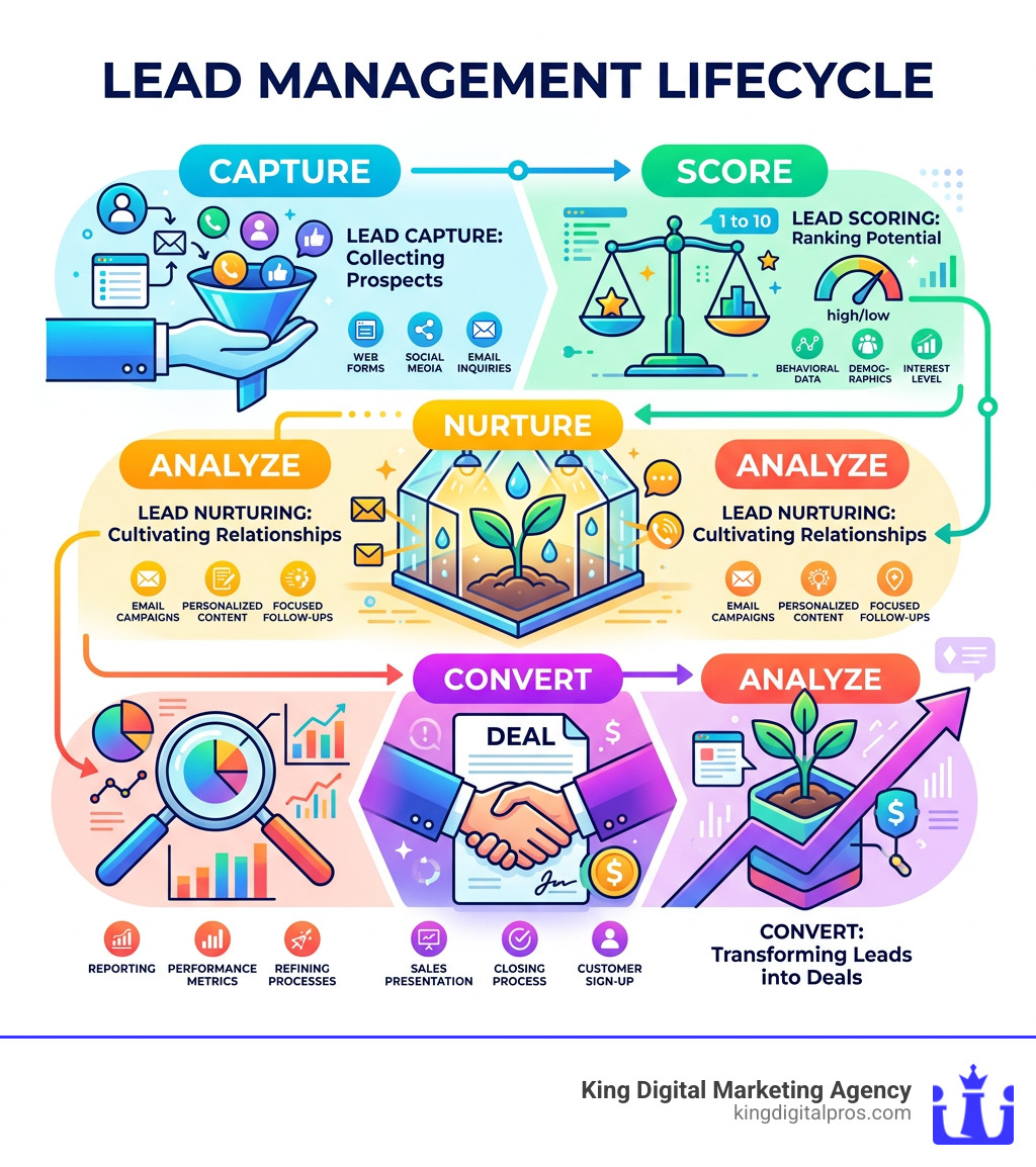 Lead Management Lifecycle Infographic: Capture, Score, Nurture, Convert, Analyze - Lead Management Program Infographic 