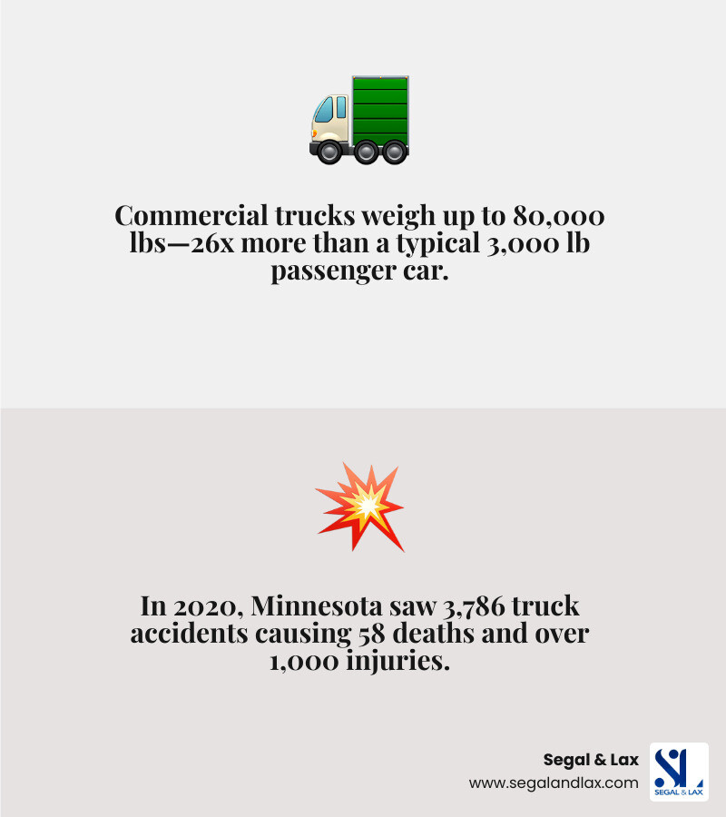 Infographic showing weight disparity between 3000 lb passenger car and 80000 lb semi-truck with key Brooklyn Center truck Infographic showing weight disparity between 3000 lb passenger car and 80000 lb semi-truck with key Brooklyn Center truck