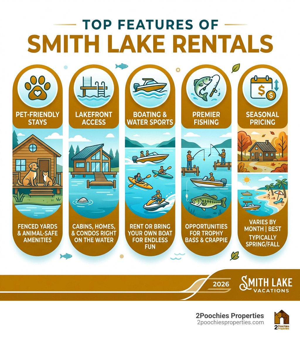 infographic showing top Smith Lake rental features: pet-friendly, lakefront access, boating, fishing, seasonal pricing