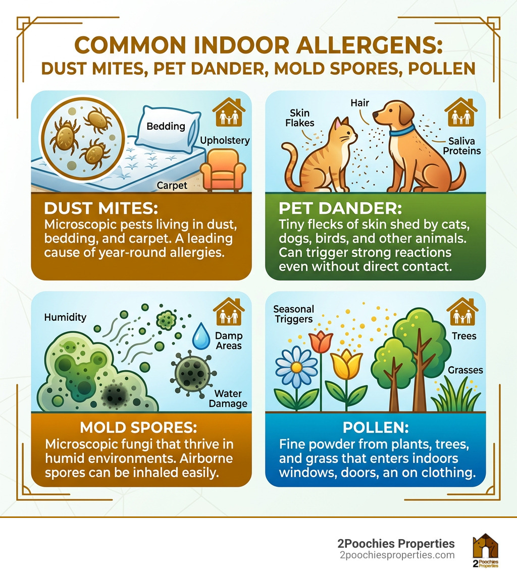 Common indoor allergens dust mites pet dander mold spores pollen infographic - professional allergy cleaning rentals