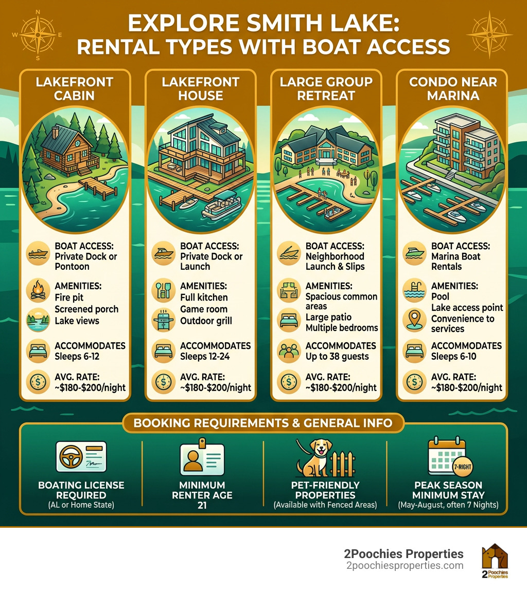 Infographic showing types of Smith Lake rentals with boat access, amenities, rates, and booking requirements - smith lake Infographic showing types of Smith Lake rentals with boat access, amenities, rates, and booking requirements - smith lake