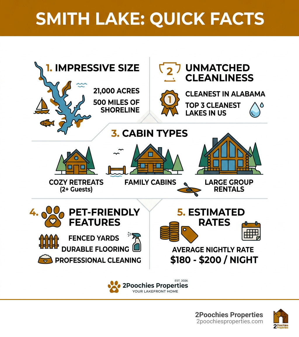 Infographic showing Smith Lake size, cleanliness ranking, cabin types, pet-friendly features, and average nightly rates