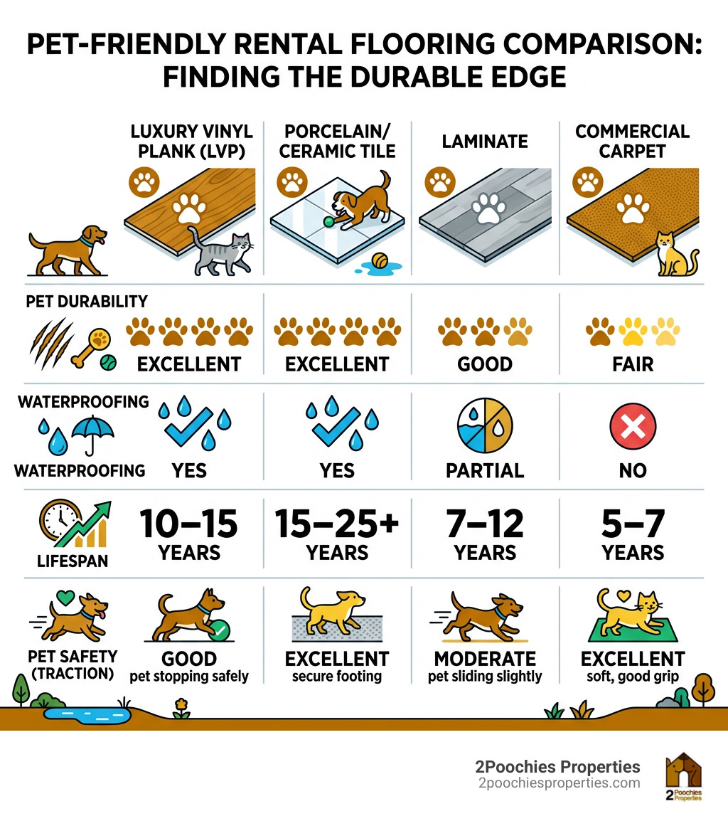 Infographic comparing pet flooring types by durability, waterproofing, lifespan, and pet safety for rental properties