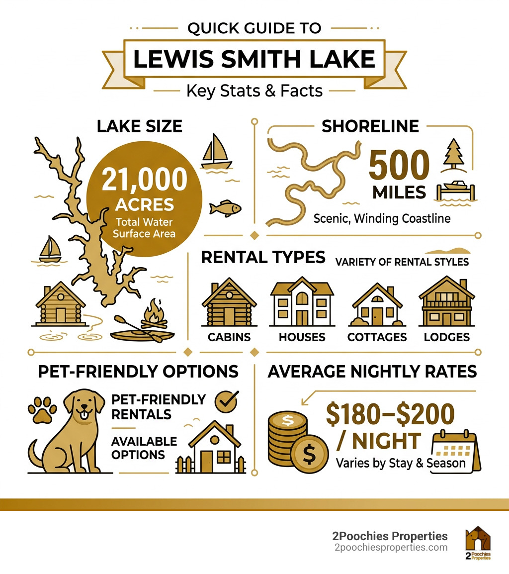Infographic showing Lewis Smith Lake stats: size, shoreline, rental types, pet-friendly options, and average nightly rates