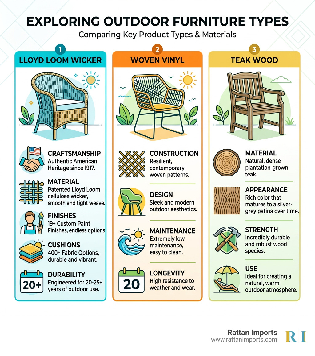 Infographic comparing Lloyd Loom, woven vinyl, and teak patio furniture types with key features - lloyd flanders wicker