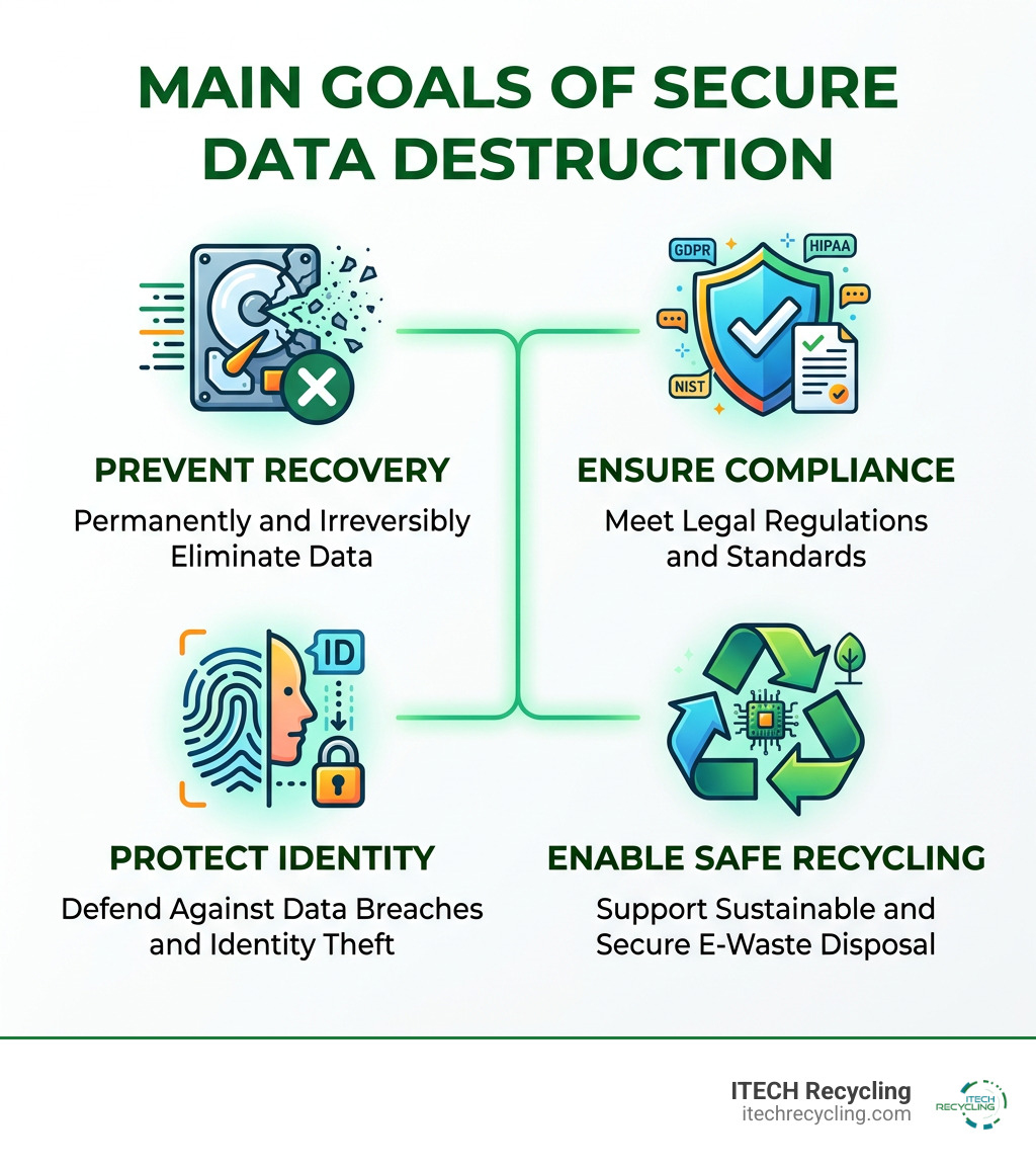 Infographic showing the main goals of secure data destruction: prevent recovery, ensure compliance, protect identity, enable
