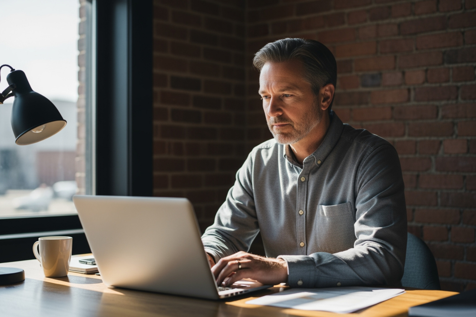 A calm business owner in a sunlit Indianapolis office looking at a laptop - lead generation digital marketing A calm business owner in a sunlit Indianapolis office looking at a laptop - lead generation digital marketing