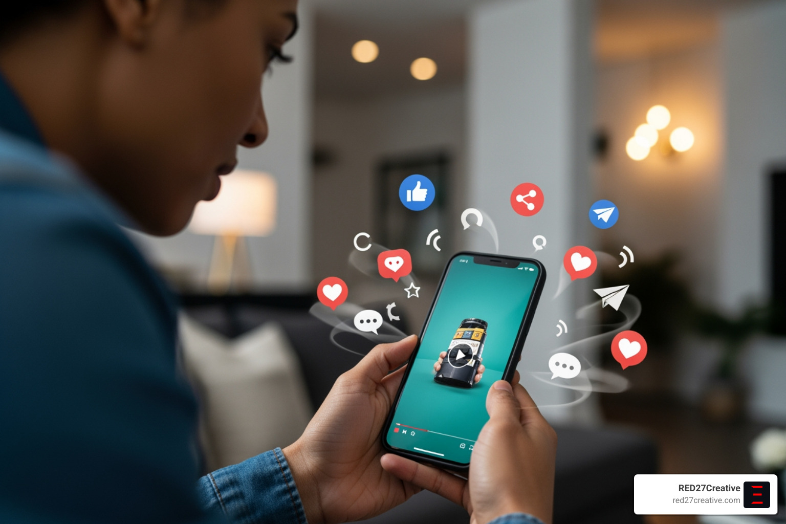 Consumer watching a product video on a smartphone with engagement icons - promotional video company Consumer watching a product video on a smartphone with engagement icons - promotional video company