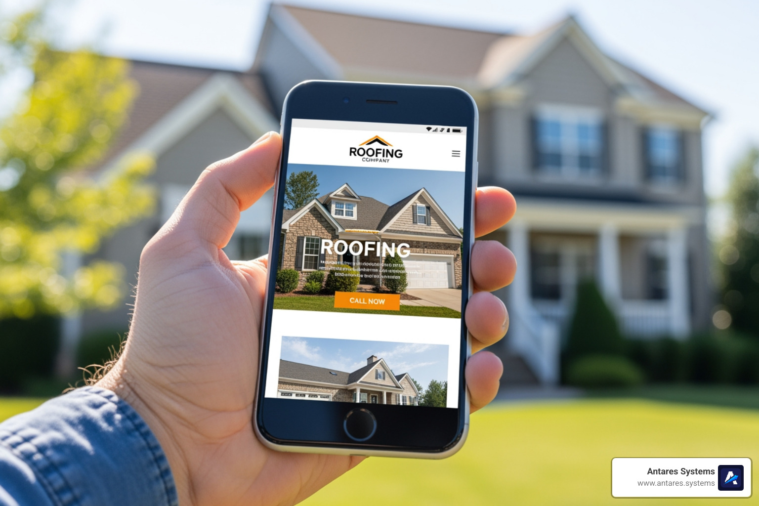 Smartphone displaying a mobile-responsive roofing website with a large 'Call Now' button - roofing company website