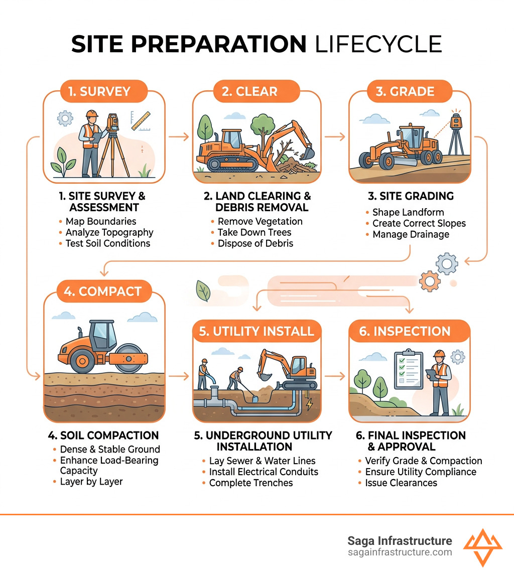Site preparation lifecycle infographic: survey, clear, grade, compact, utility install, inspection - site preparation