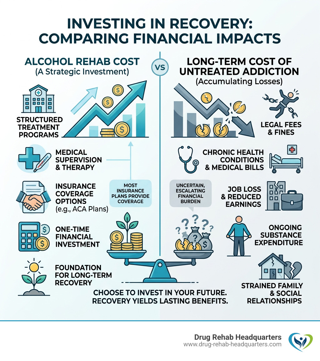 Infographic comparing alcohol rehab cost vs. long-term financial cost of untreated addiction - alcohol rehab cost