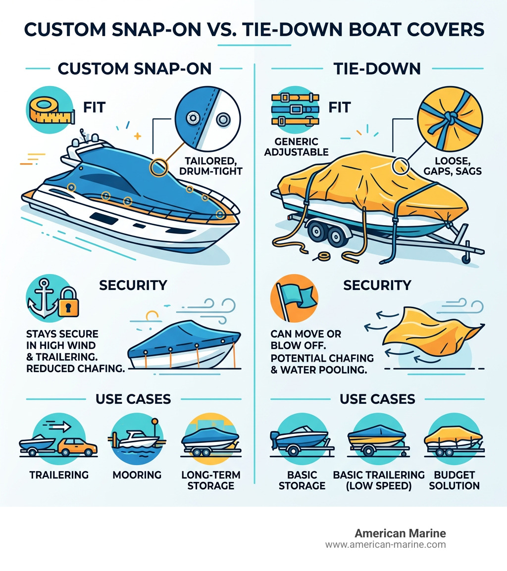 Infographic comparing custom snap-on vs tie-down boat cover systems: fit, security, and use cases - custom boat covers with