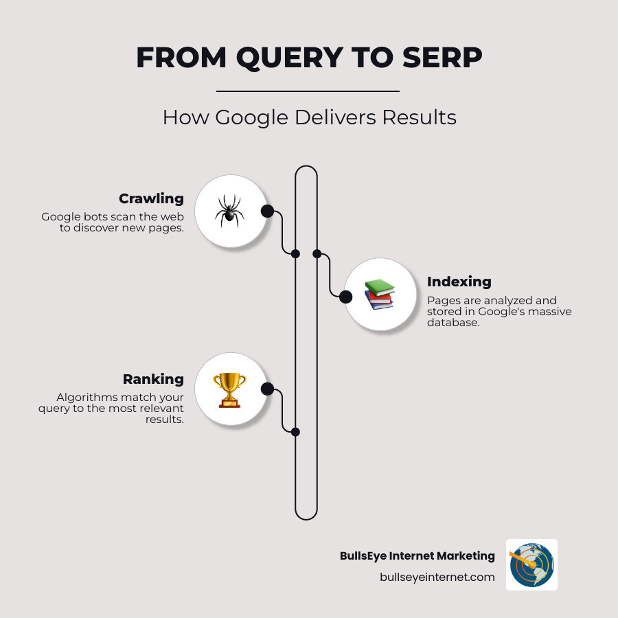 Infographic showing the journey from search query to SERP elements including ads, organic results, and rich features