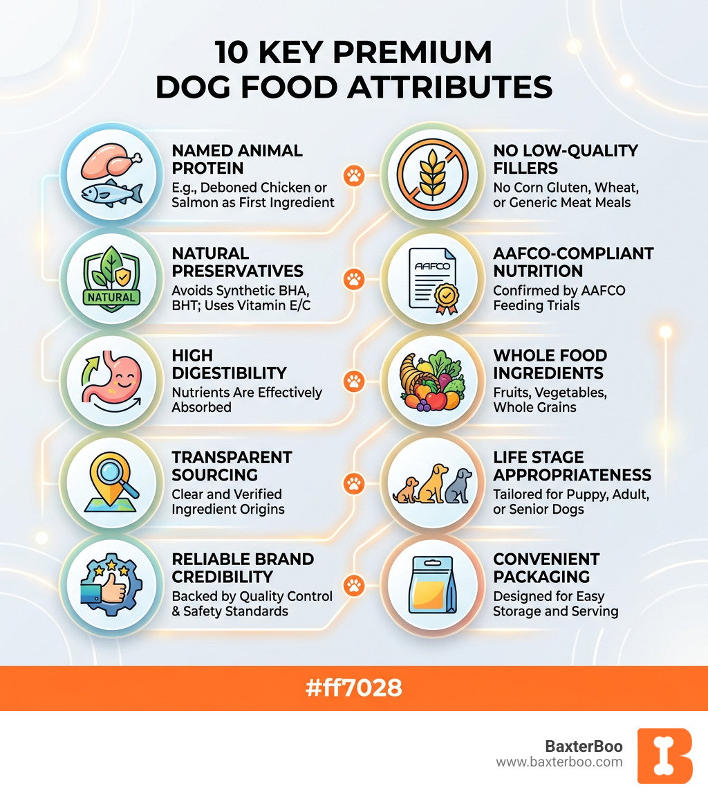 10 key premium dog food attributes infographic with named protein, AAFCO compliance, digestibility, and more - Premium Dog