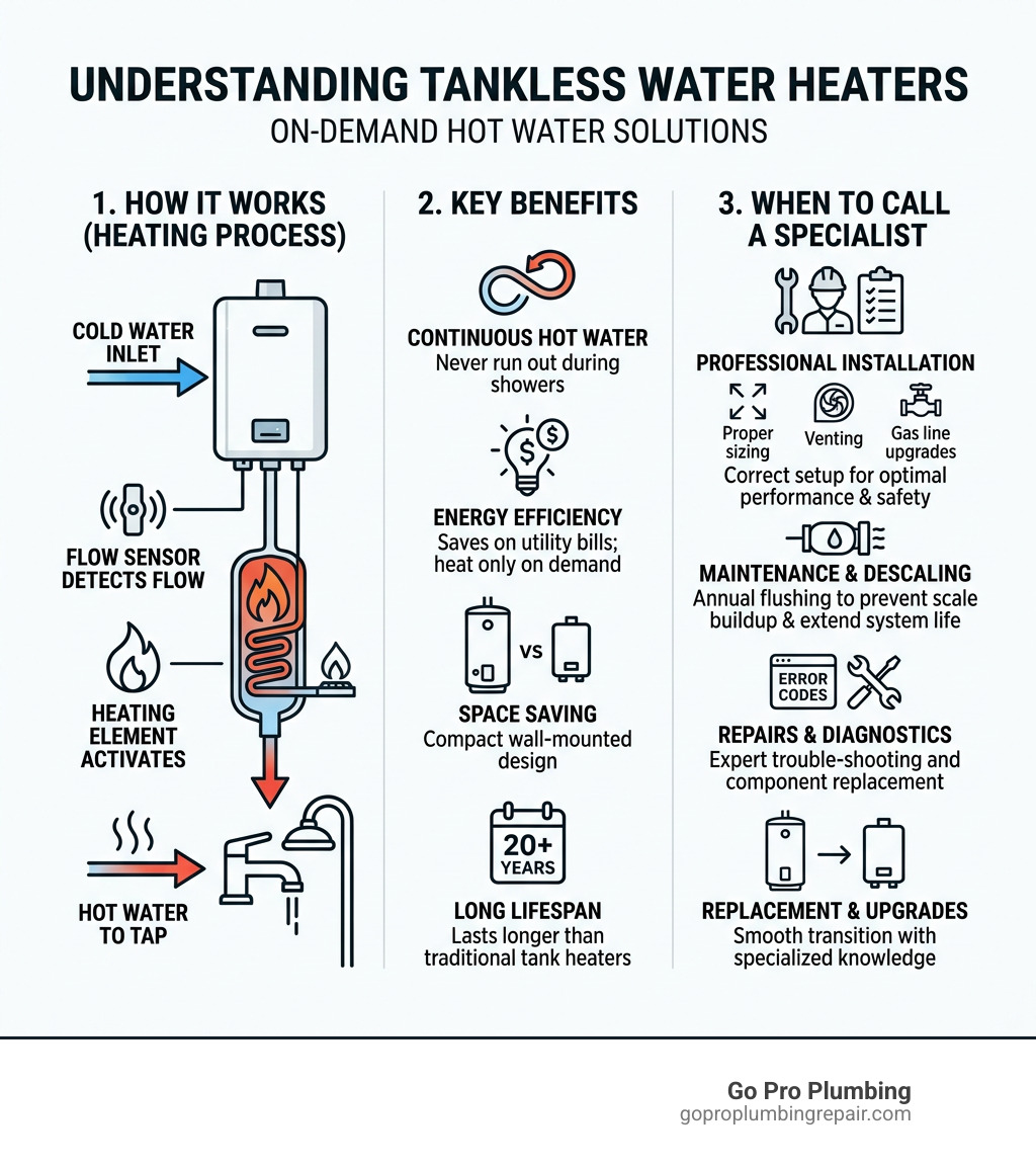 Infographic showing tankless water heater heating process, key benefits, and when to call a specialist - Tankless water