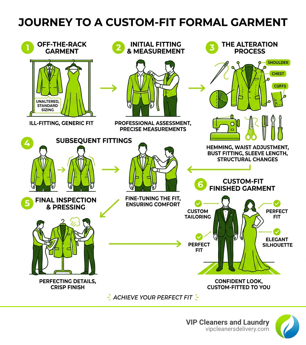 Infographic showing the journey from off-the-rack formal wear to a custom-fit finished garment - formal wear alterations