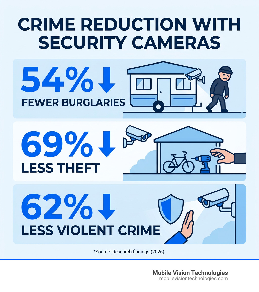 Infographic showing crime reduction stats: 54% fewer burglaries, 69% less theft, 62% less violent crime with security