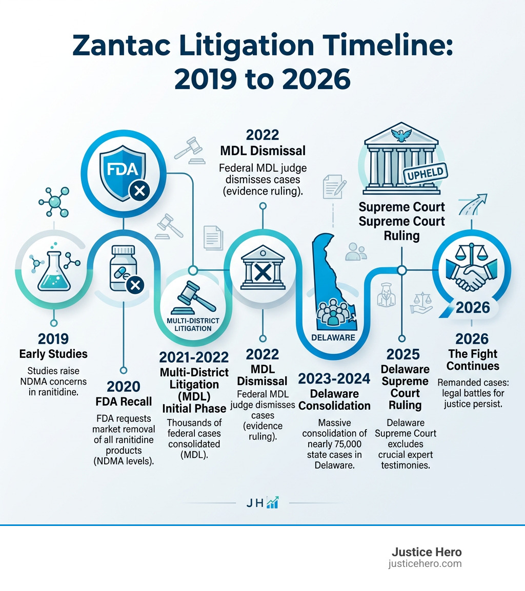 Zantac litigation timeline 2019 to 2026 showing FDA recall, MDL dismissal, Delaware consolidation, and Supreme Court ruling