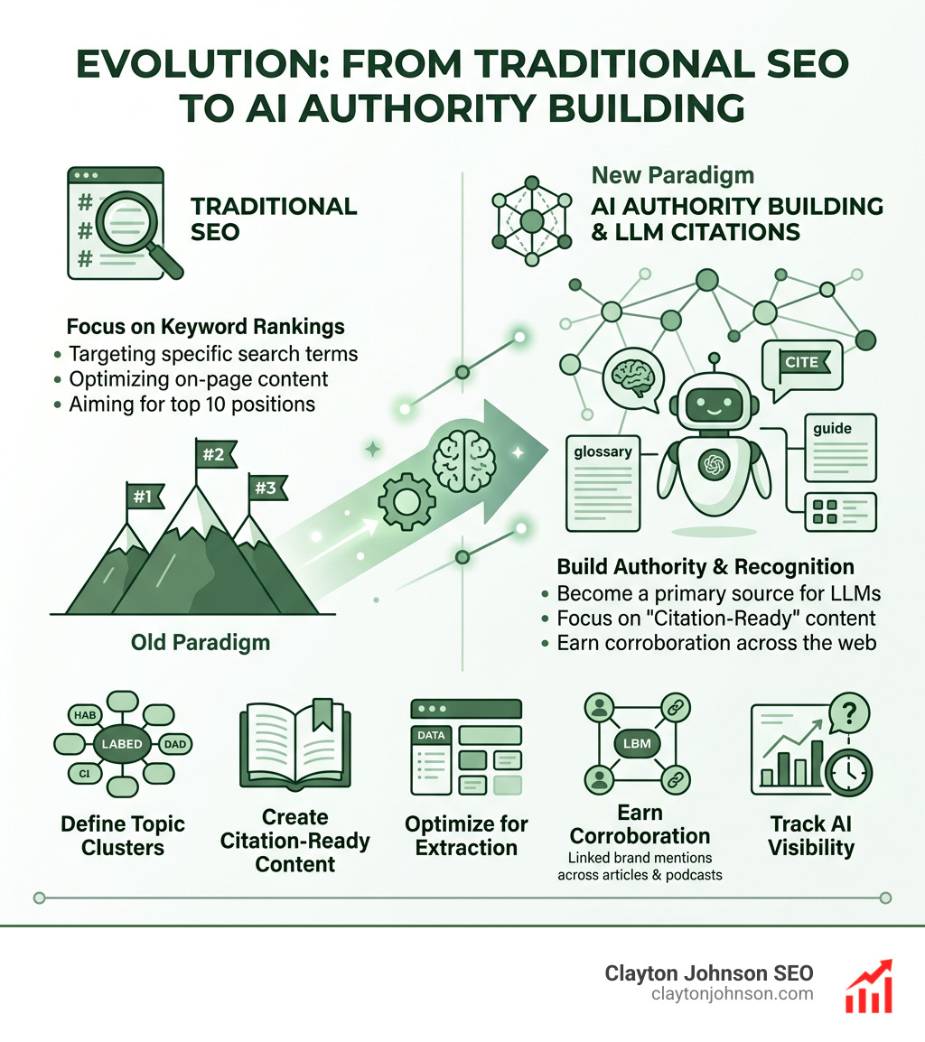 Evolution from traditional SEO keyword rankings to AI authority building and LLM citations - ai authority building