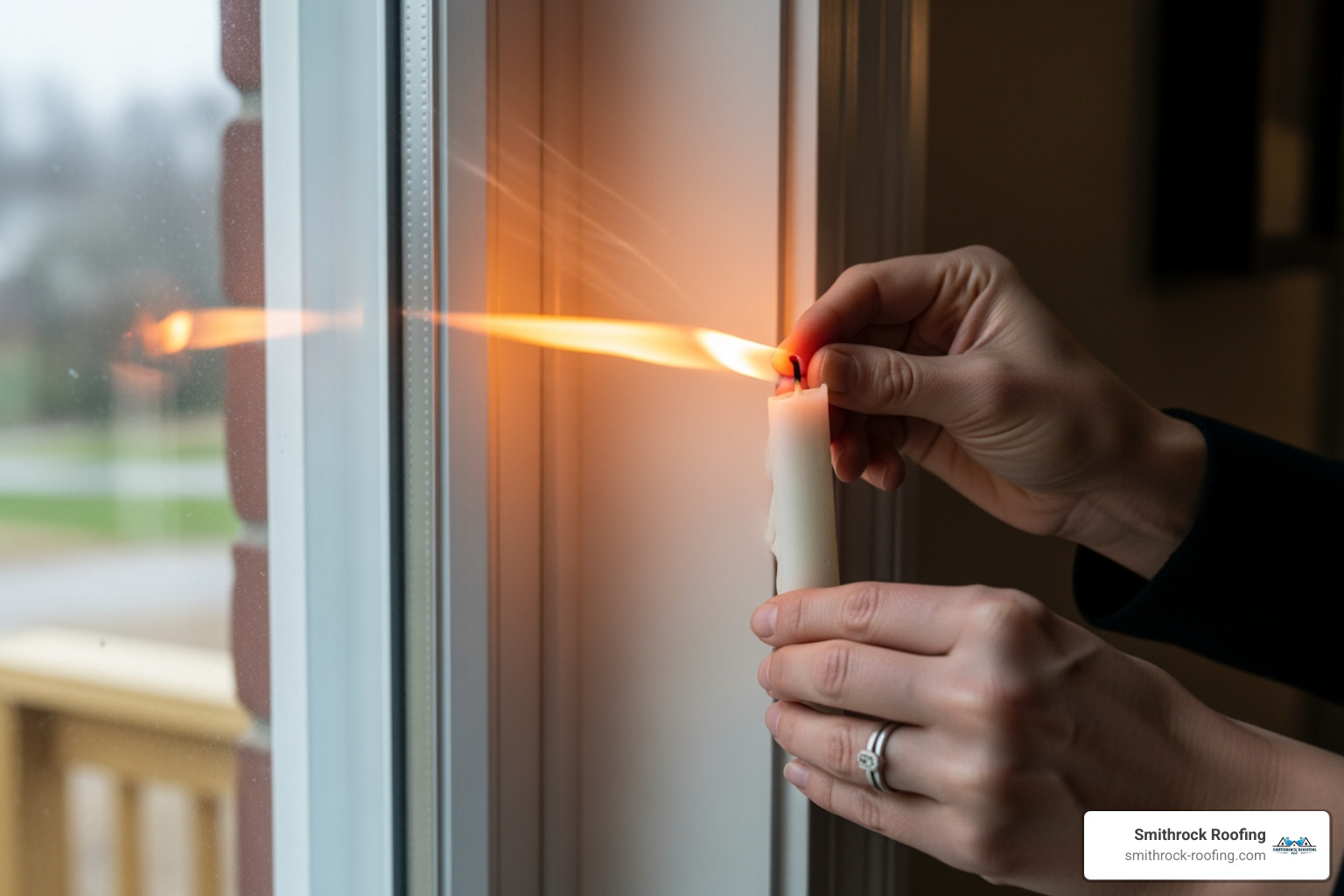 person performing a candle test near a window to detect air leaks - best way to block drafty windows person performing a candle test near a window to detect air leaks - best way to block drafty windows