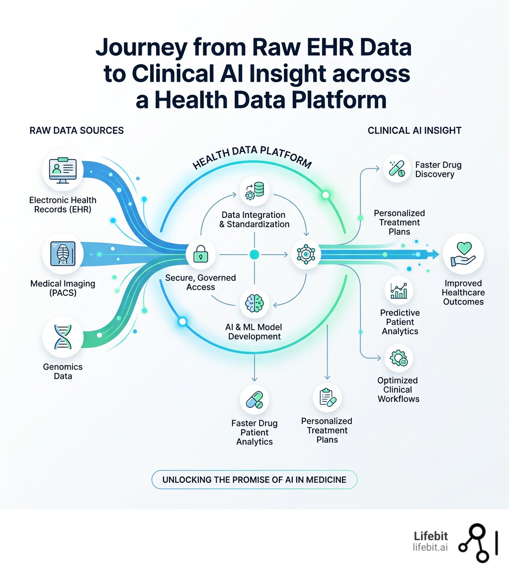 Journey from raw EHR data to clinical AI insight across a health data platform - health data platforms infographic Journey from raw EHR data to clinical AI insight across a health data platform - health data platforms infographic