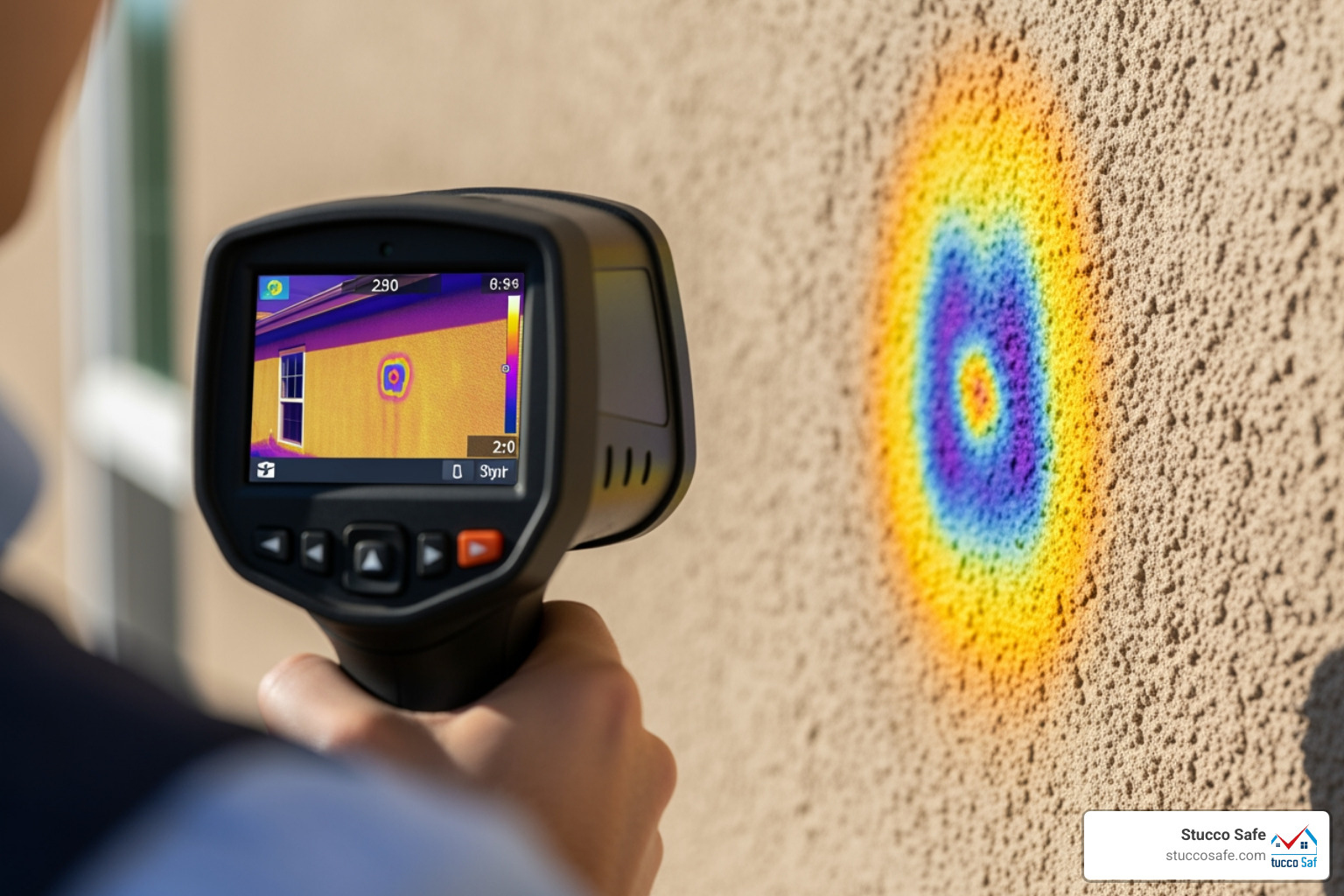 Thermal imaging camera showing purple and blue cold spots indicating a hidden leak behind a dry-looking wall - Moisture Thermal imaging camera showing purple and blue cold spots indicating a hidden leak behind a dry-looking wall - Moisture
