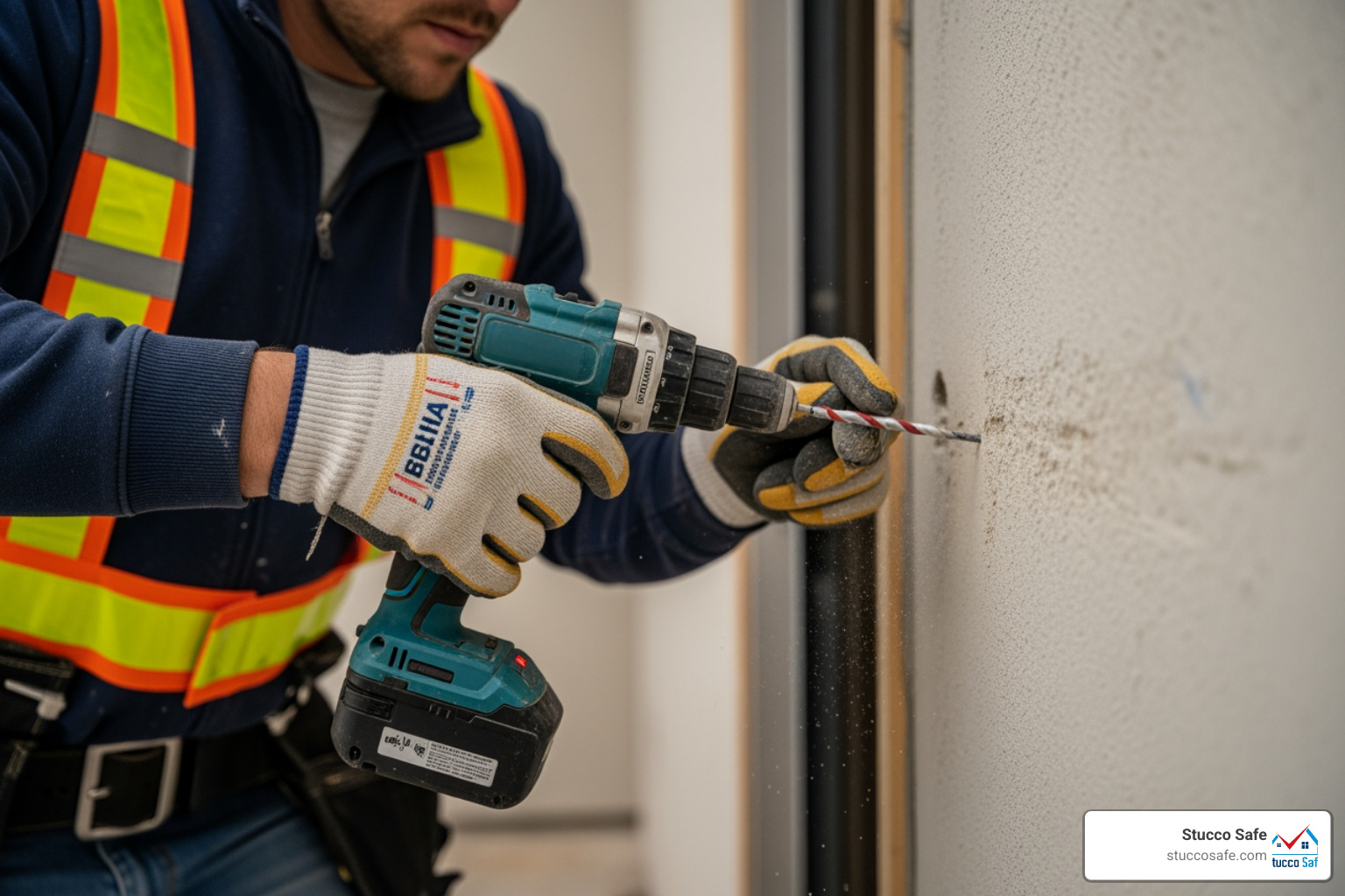 Technician installing a permanent moisture probe into a wall cavity for long-term monitoring - Moisture detection company Technician installing a permanent moisture probe into a wall cavity for long-term monitoring - Moisture detection company