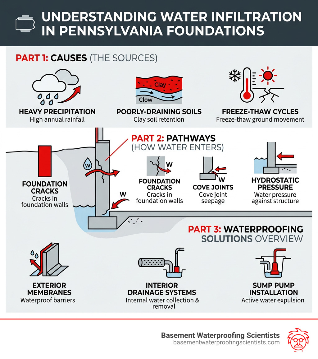 How water enters a PA foundation - causes, pathways, and waterproofing solutions overview - basement waterproofing pa