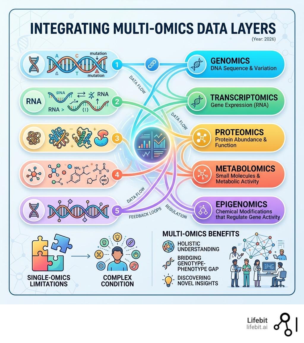 Infographic showing integration of genomics transcriptomics proteomics metabolomics and epigenomics layers - multi-omics