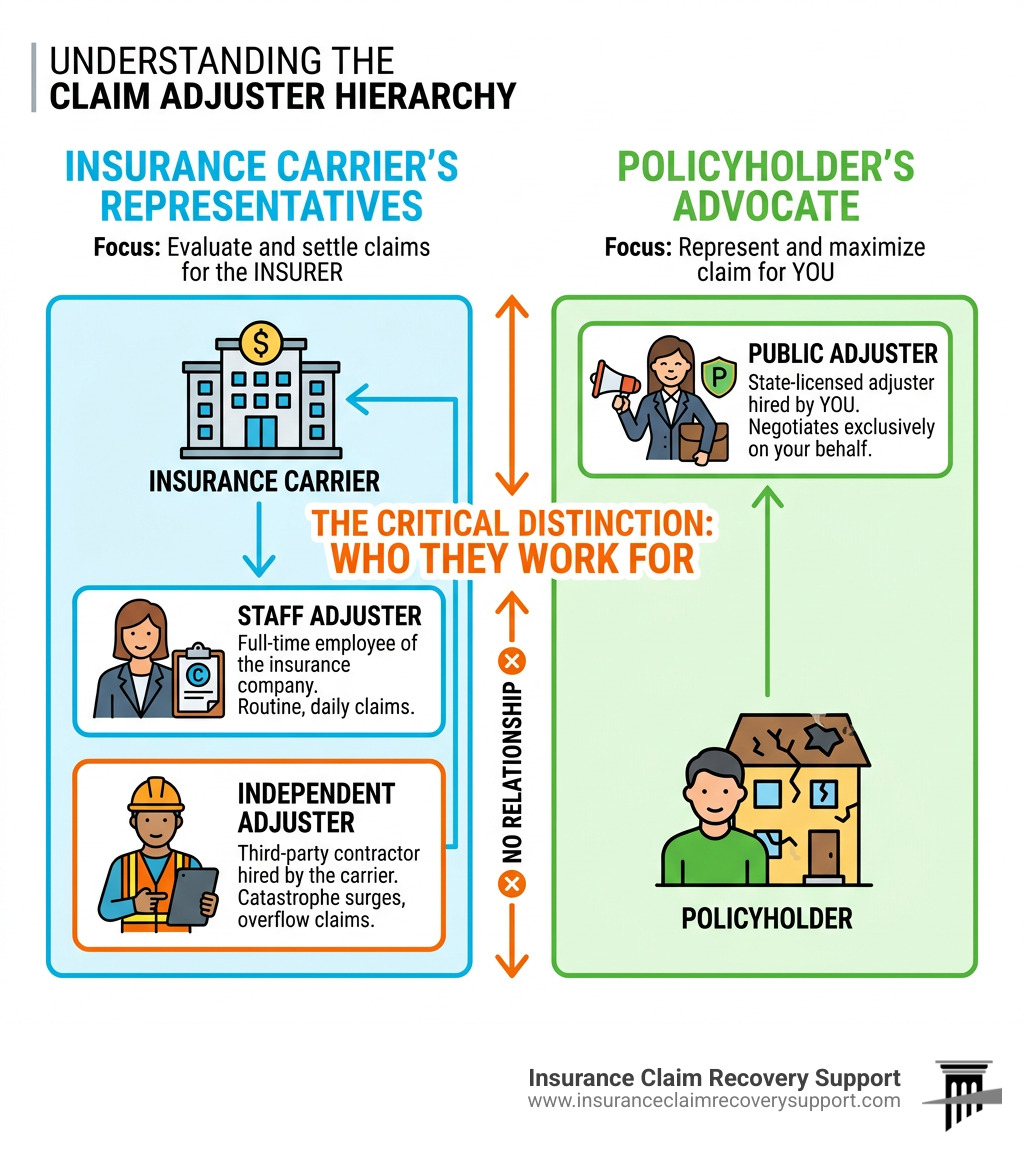 Infographic showing the insurance claim hierarchy: Insurance Carrier, Staff Adjuster, Independent Adjuster, vs. Public