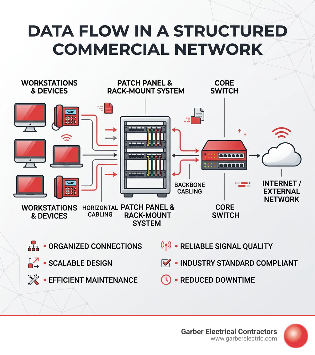 Infographic showing data flow through a structured commercial network from workstations to patch panel to core switch Infographic showing data flow through a structured commercial network from workstations to patch panel to core switch