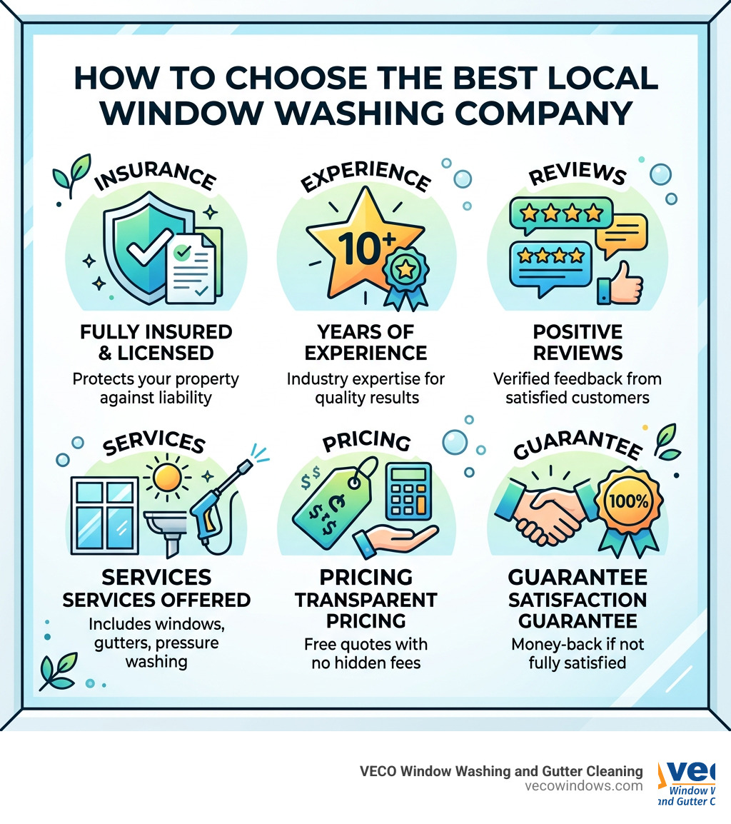 Infographic showing key criteria for choosing a local window washing company: insurance, experience, reviews, services