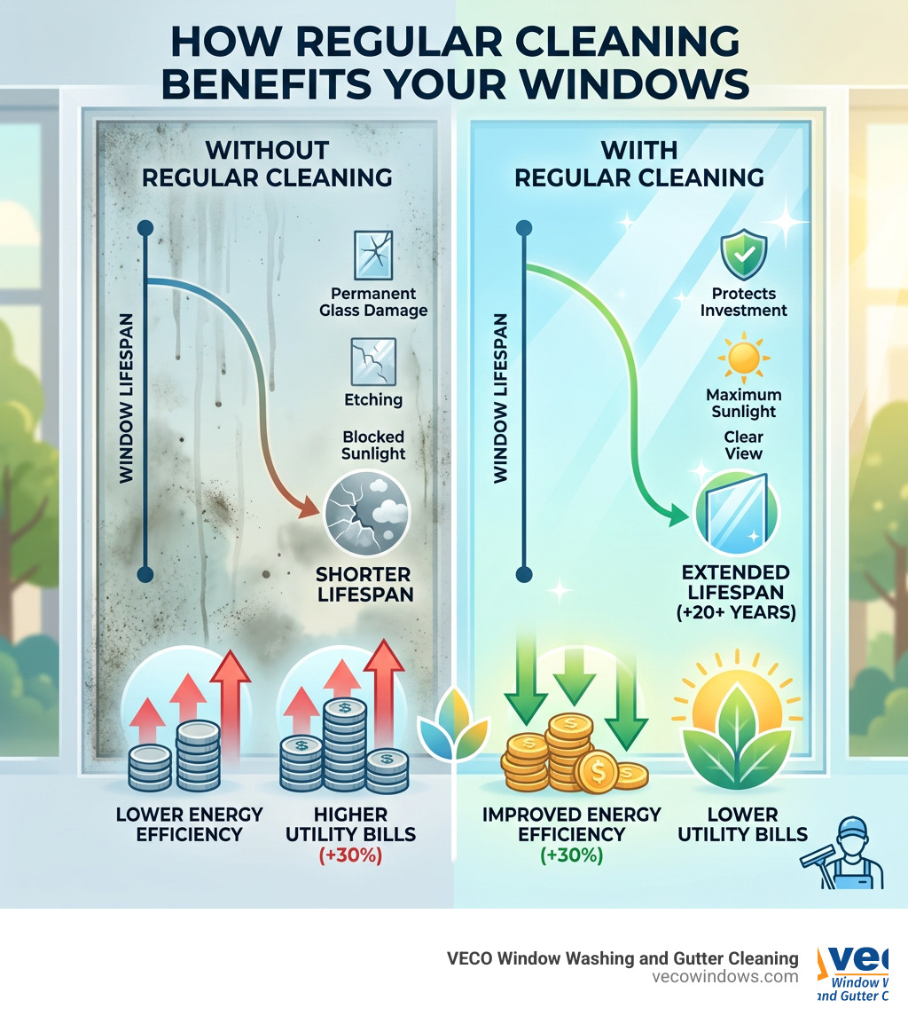 Graph showing how regular cleaning extends window lifespan by 20+ years and improves energy efficiency by 30% - local window