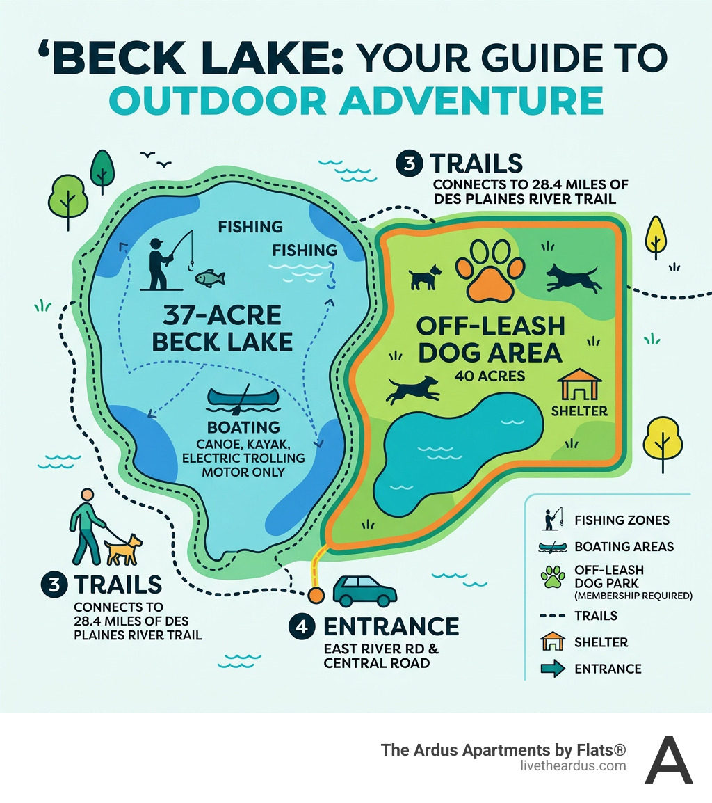 Beck Lake Illinois park layout infographic with off-leash area, trails, fishing, and boating zones - beck lake infographic Beck Lake Illinois park layout infographic with off-leash area, trails, fishing, and boating zones - beck lake infographic