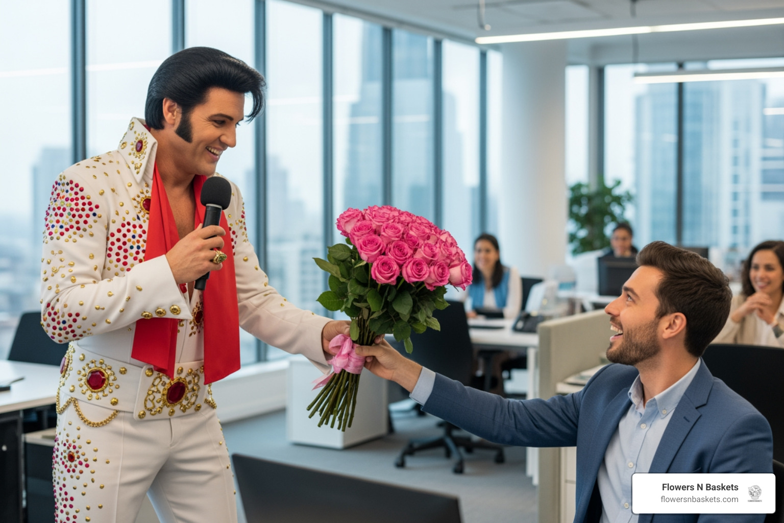 professional celebrity impersonator presenting a beautiful floral gift - costumed singing telegram st pete professional celebrity impersonator presenting a beautiful floral gift - costumed singing telegram st pete