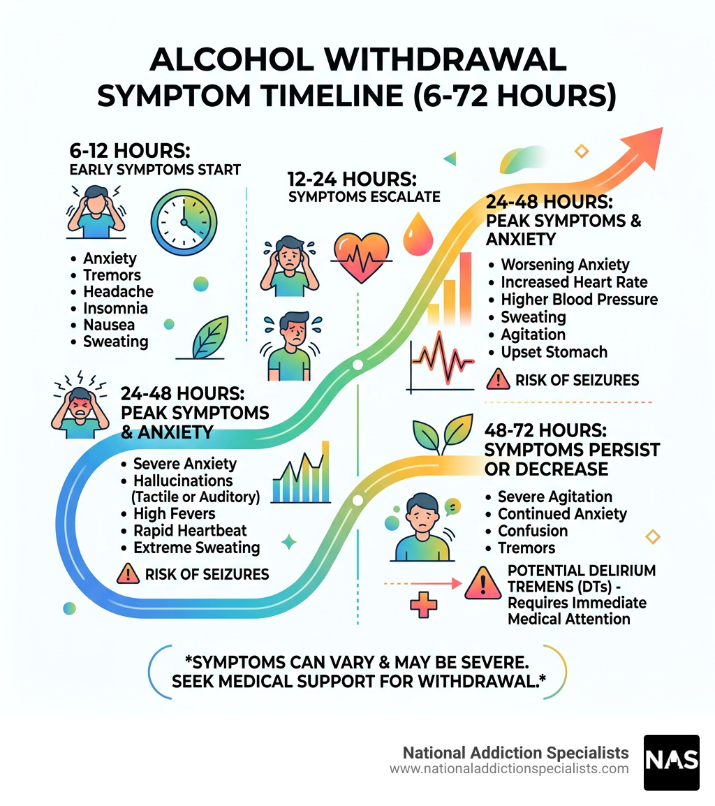 Alcohol withdrawal timeline infographic from 6 hours to 72 hours showing symptom progression - alcohol withdrawal anxiety