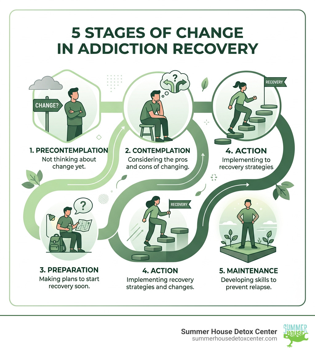 5 stages of change in addiction recovery: precontemplation, contemplation, preparation, action, maintenance - addiction