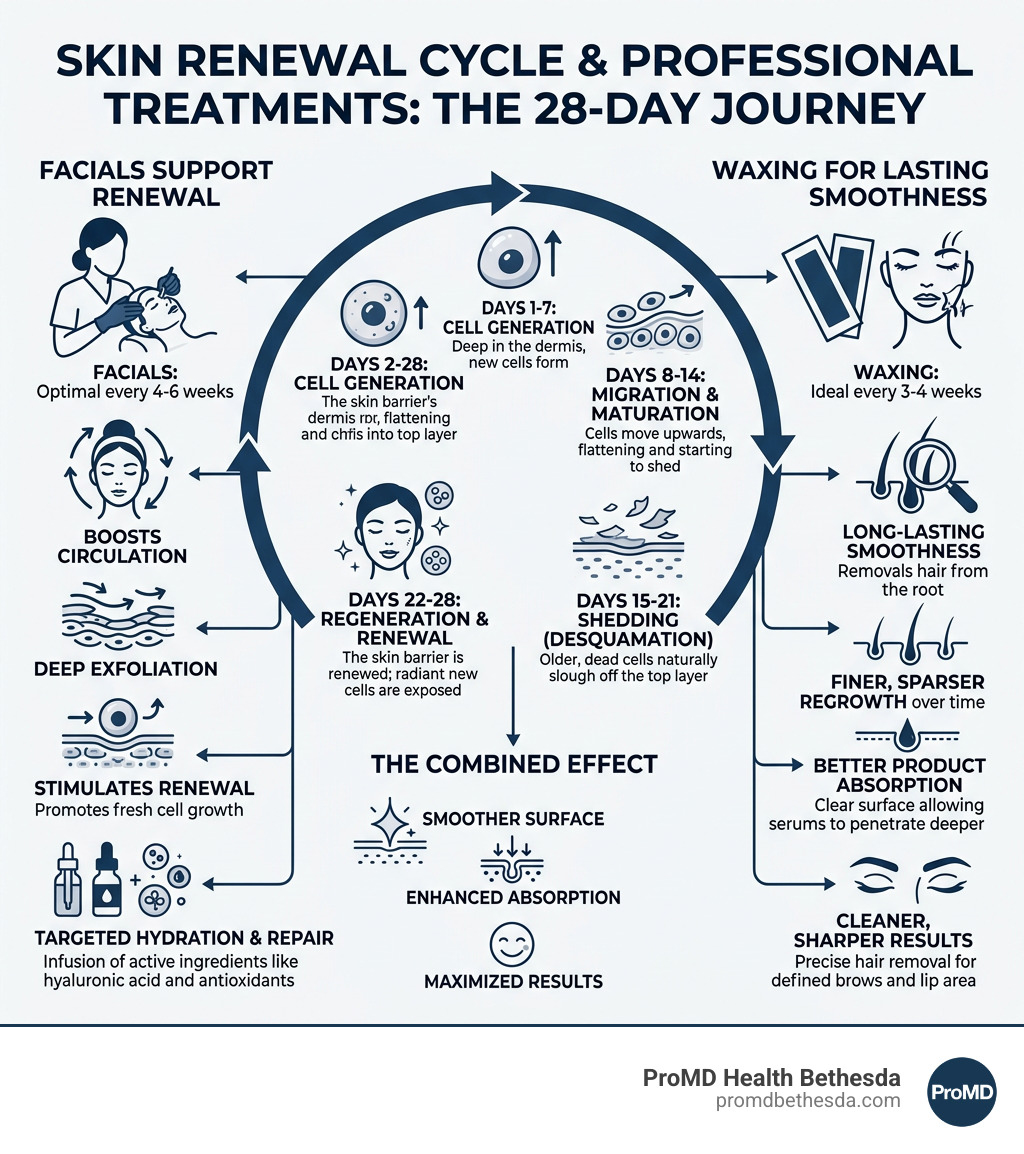 Infographic showing the 28-day skin renewal cycle and how facials and waxing complement it - facials & waxing infographic Infographic showing the 28-day skin renewal cycle and how facials and waxing complement it - facials & waxing infographic