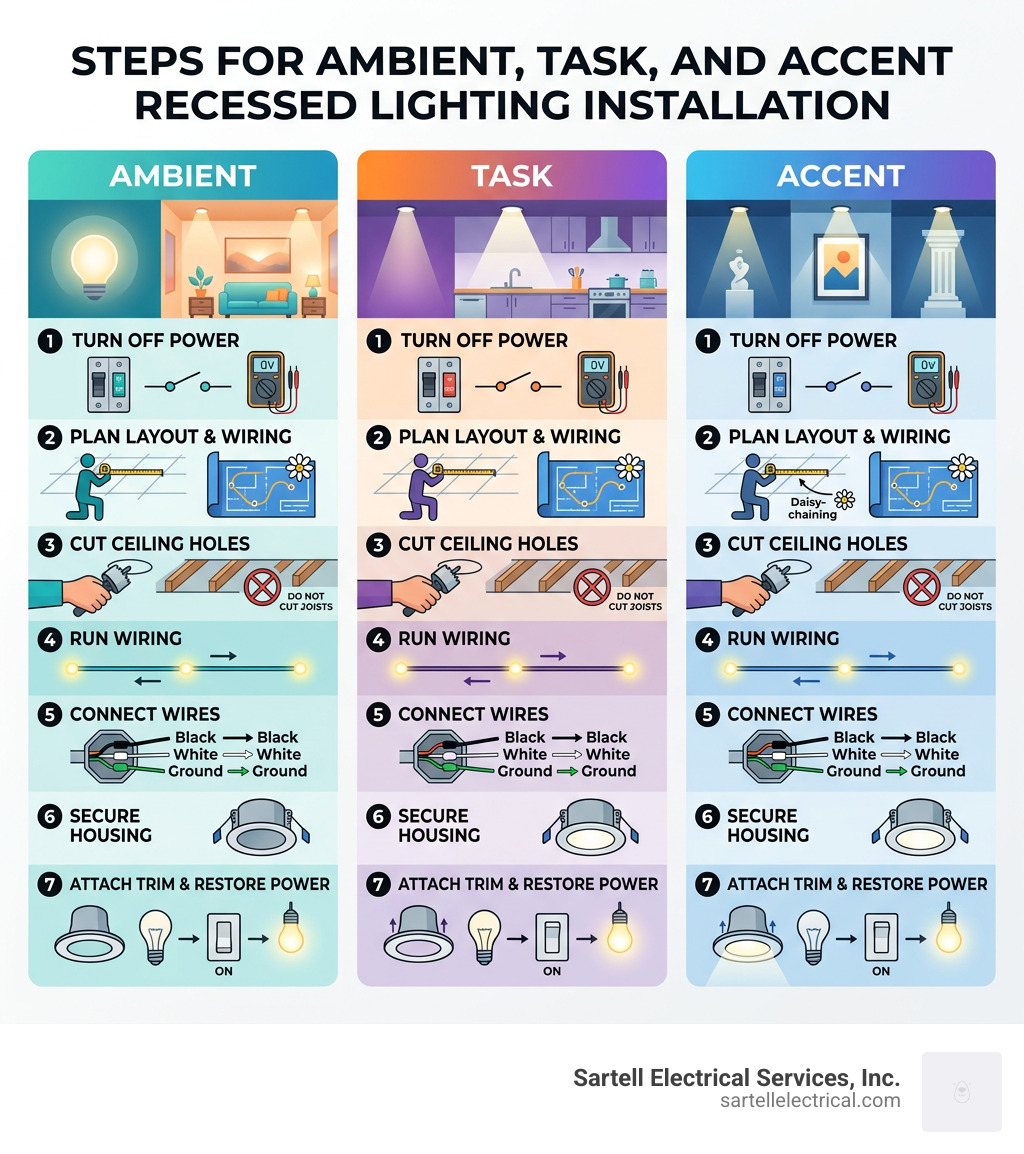 Steps for ambient, task, and accent recessed lighting installation explained - Recessed lighting installation infographic 