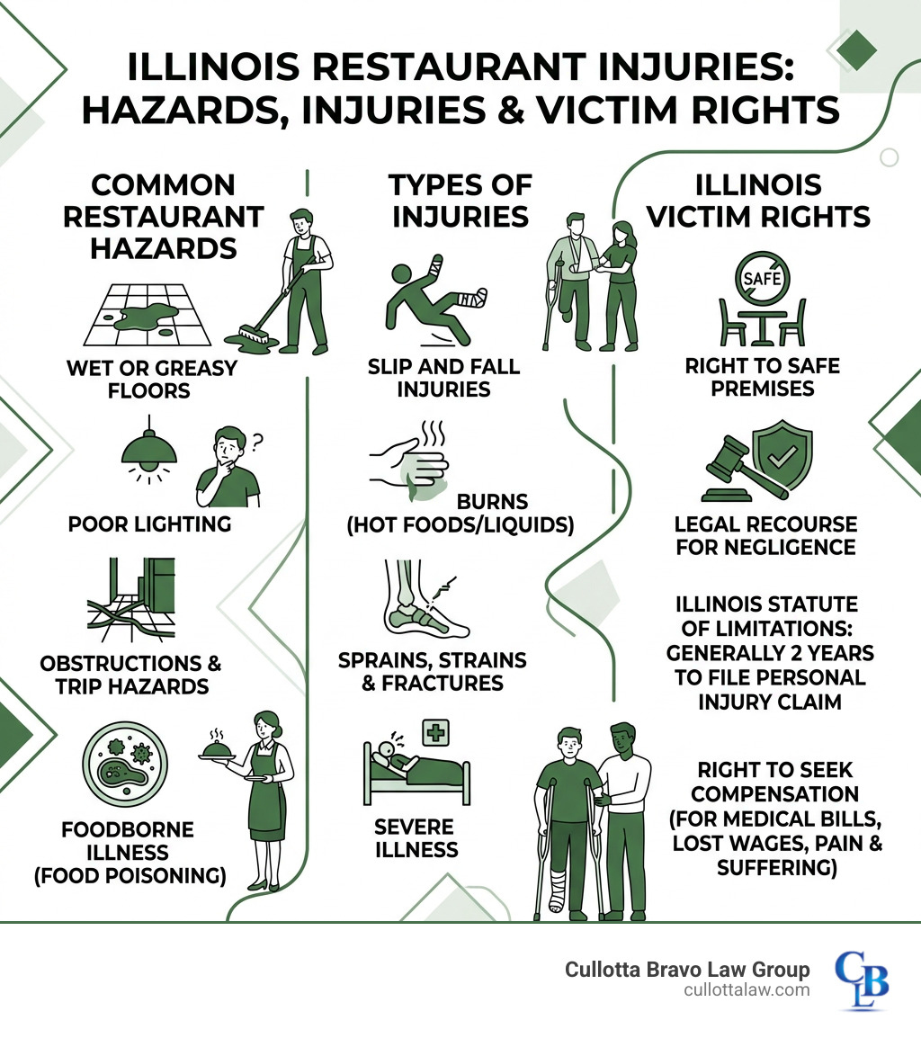 Infographic showing common restaurant hazards, types of injuries, and victim rights in Illinois - restaurant injury lawyer Infographic showing common restaurant hazards, types of injuries, and victim rights in Illinois - restaurant injury lawyer